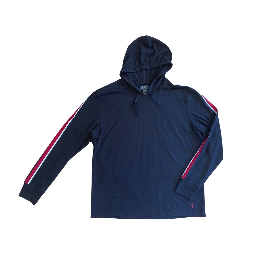 Polo Ralph Lauren Mens XL Navy Blue‎ Sleepwear Hoodie Stripe Sleeve Lounge Shirt